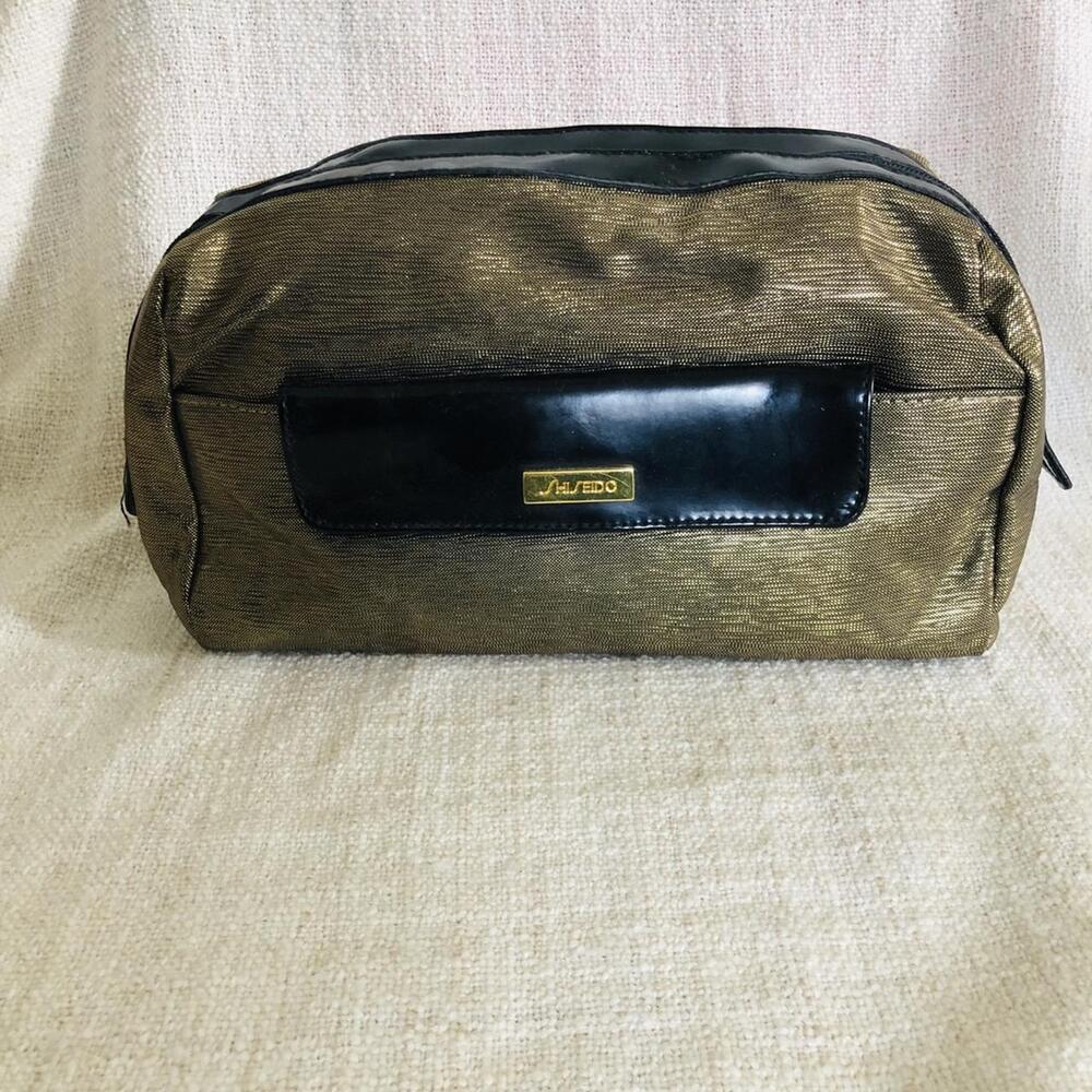 Shiseido Cosmetic Bag Gold Black Trim Two Compartments OS